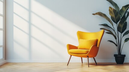A bright yellow chair and pillow placed on a wooden floor in front of a white wall, showcasing a clean, minimalist design with a high backrest and armrests.
