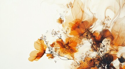 8.A blend of earthy autumn colors and soft organic lines creates an abstract composition of swirling floral forms. The white backdrop enhances the vibrancy of the orange, brown, and yellow tones,