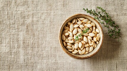 Small dish of seasoned pumpkin seeds with a sprig of thyme, isolated on a beige background with a rustic texture