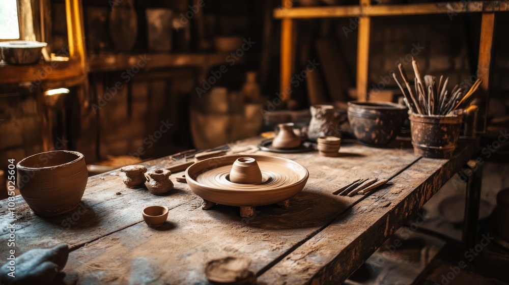 Poster a serene pottery wheel setup in a rustic barn, pottery tools and clay neatly arranged around a potte