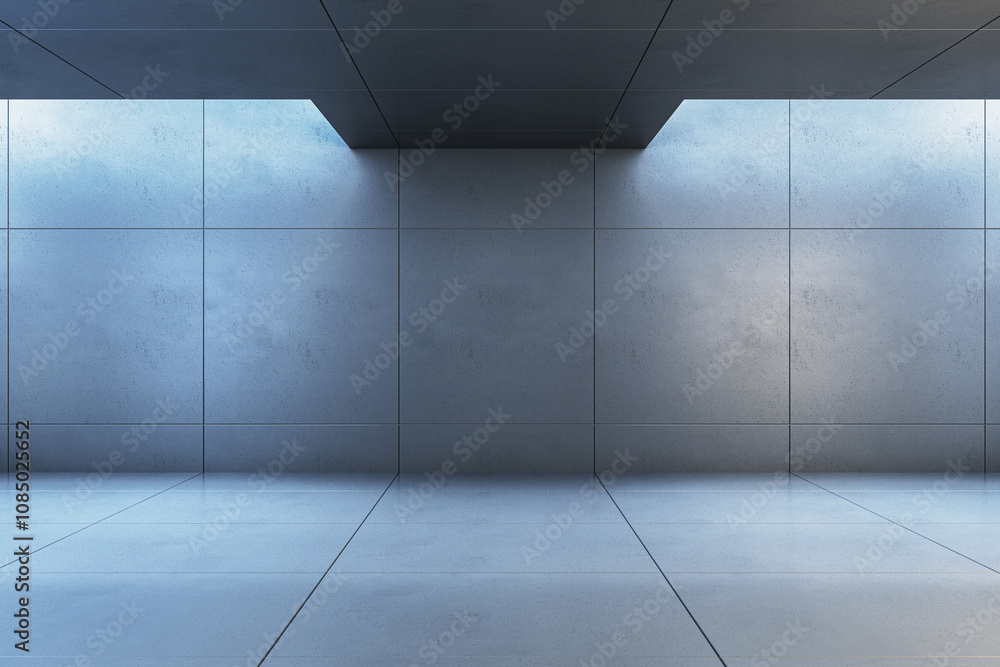 Poster modern industrial concrete room with geometric ceiling and tiled walls. 3d rendering