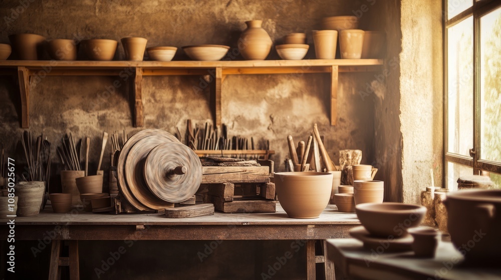 Poster a serene pottery wheel setup in a rustic barn, pottery tools and clay neatly arranged around a potte