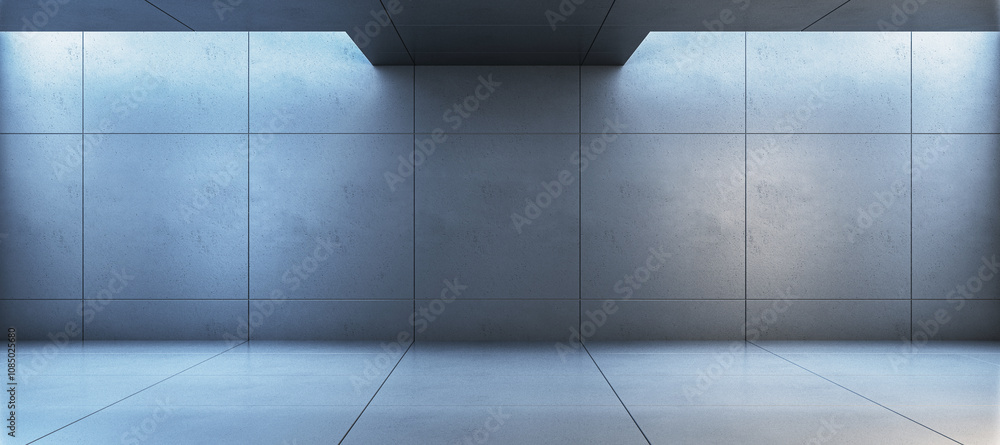 Poster Modern industrial concrete room with geometric ceiling and floor, illuminated by soft light. Blank space for product display. 3D Rendering