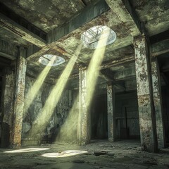 Worms-eye perspective of abandoned urban ruin, ghostly beams of light piercing through a fog of decay