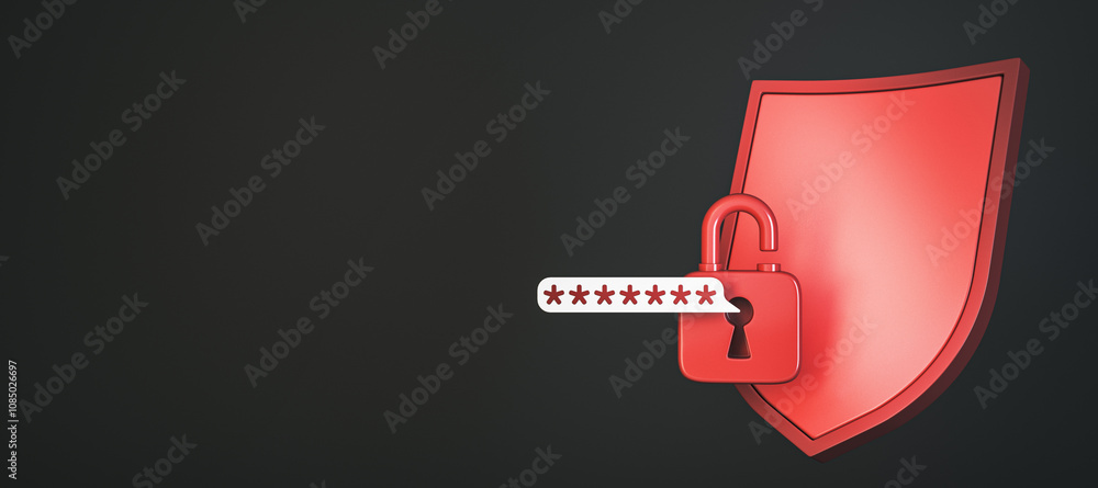 Aufkleber red open lock with password displayed on shield, symbolizing cybersecurity protection on dark backgr
