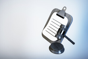 Wooden gavel and clipboard with paper on light gradient background. Concept of judgment and legal decision making. 3D Rendering