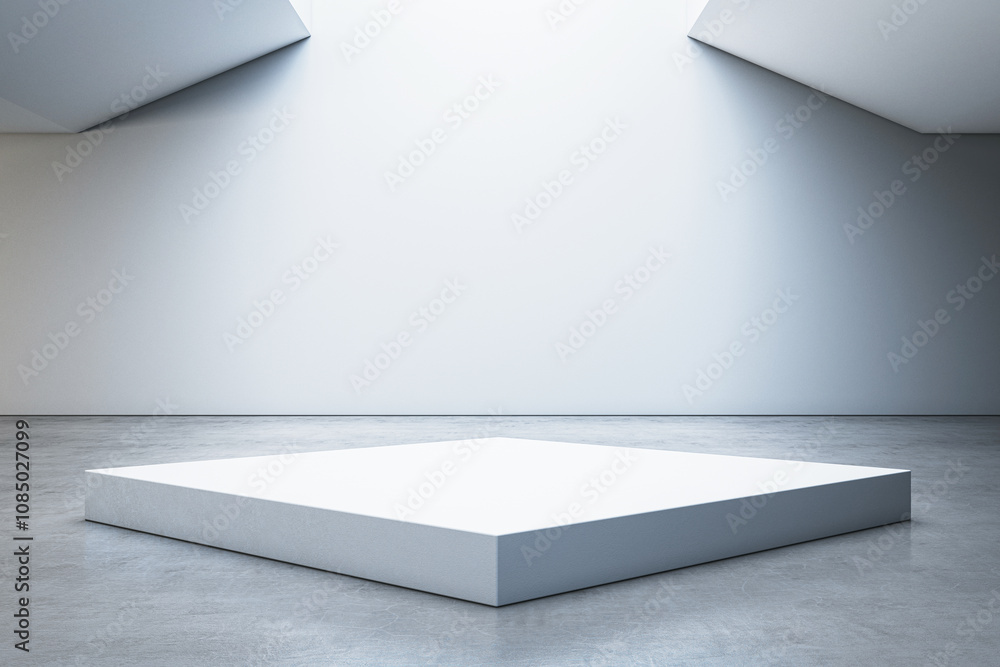 Poster minimalist empty podium in a modern interior gallery space with light walls and smooth concrete floo
