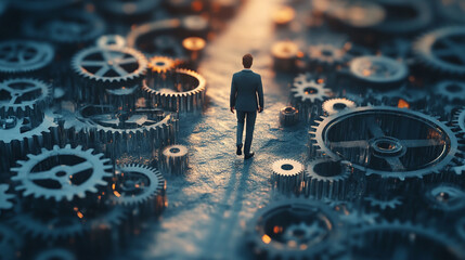 Businessman walking on a path made of interconnected gears, symbolizing teamwork, organization, and productivity