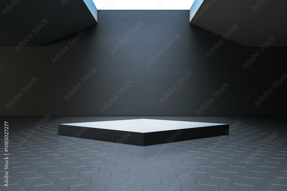Poster modern exhibition space with central podium under skylight in dark interior with geometric floor pat