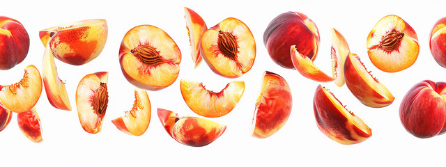 Peaches cut into pieces at different angles on a white background.