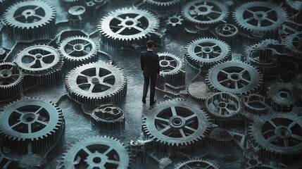 Businessman walking on a path made of interconnected gears, symbolizing teamwork, organization, and productivity