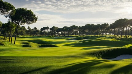 A serene scene featuring a tranquil golf course, Lush green fairways meticulously groomed, Classic photographic style