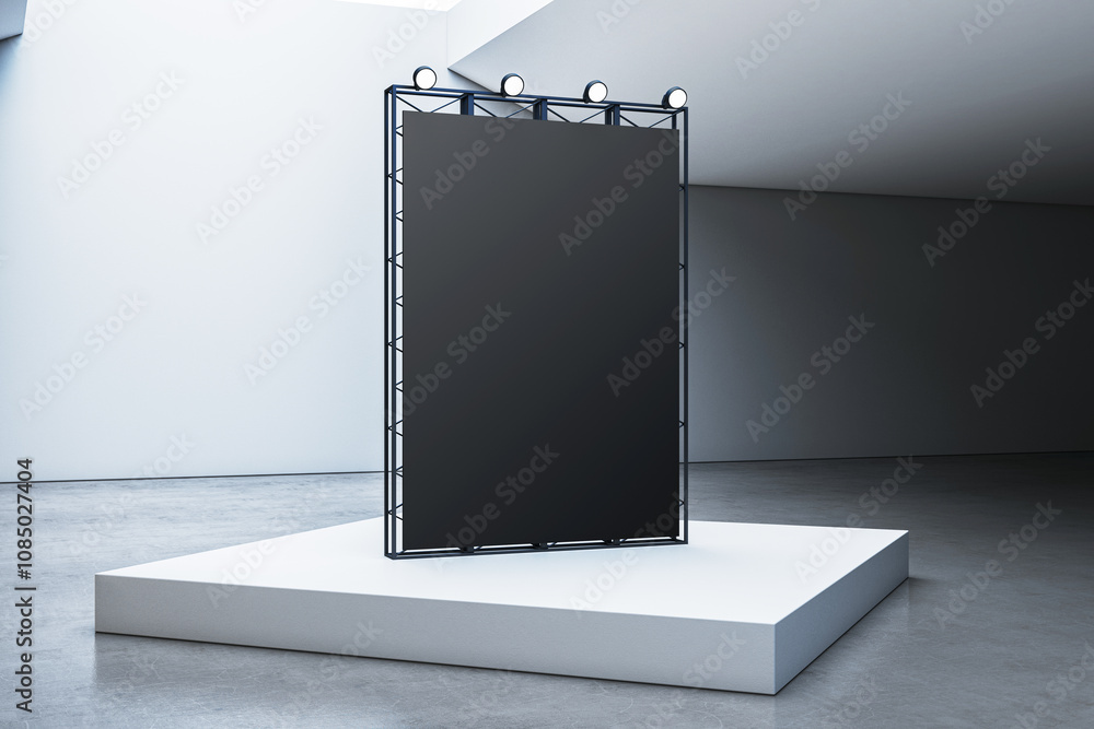 Aufkleber modern exhibit stage with black display panel and spotlights in a minimalist interior space for pres