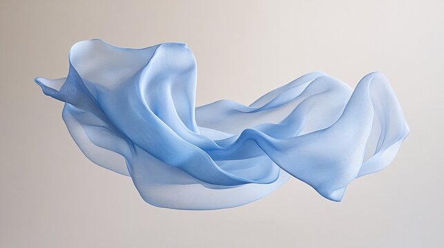 5.A floating piece of blue fabric forms organic curves as it hovers above a neutral backdrop. The material&acirc;&euro;&trade;s smooth surface reflects soft lighting, creating subtle highlights and shadows that