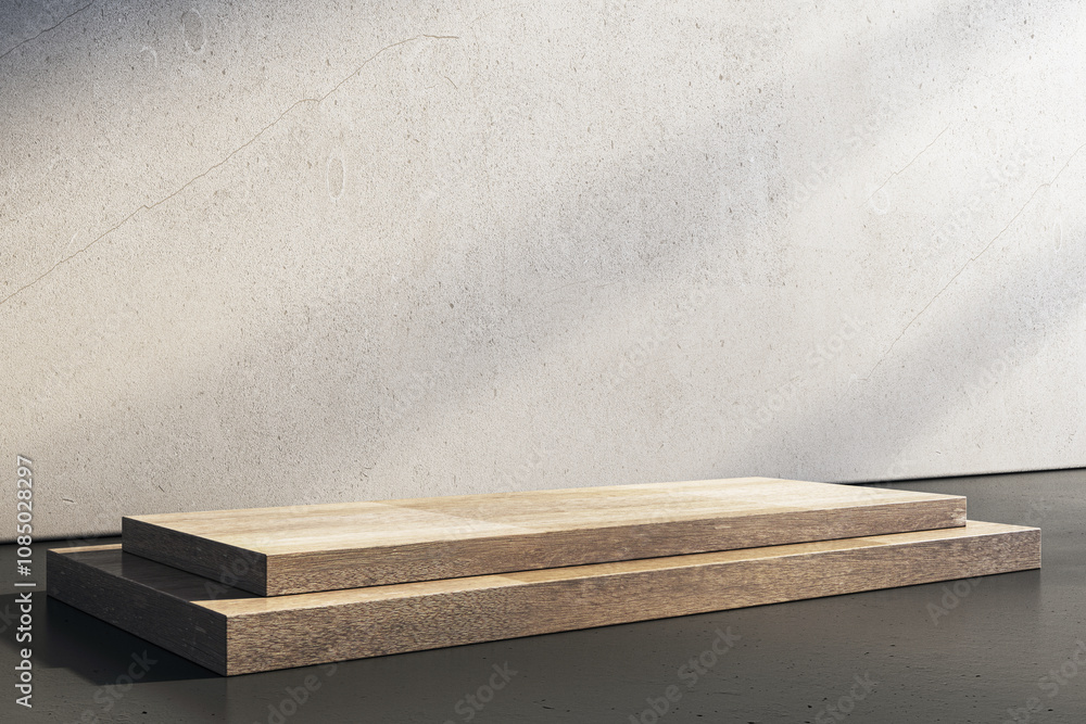 Poster wooden podium with light shadow on a concrete background with minimal design in an empty room. 3d re