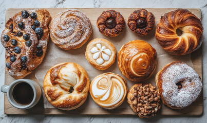 Fototapeta premium Delightful assortment of artisan pastries and coffee tempting breakfast scene