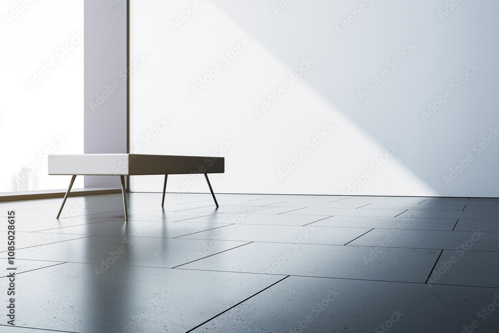 Poster Modern Bench in Minimalistic Room with City View. 3D Rendering