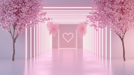 A serene corridor lined with glowing pink trees and neon lights, featuring a heart symbol at its end, creating a romantic atmosphere.