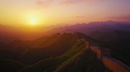 Naklejka premium 58.The Great Wall is captured at sunset, its ancient stone towers illuminated by the warm, fading light. The sky is painted in hues of orange, pink, and purple, contrasting with the green and brown