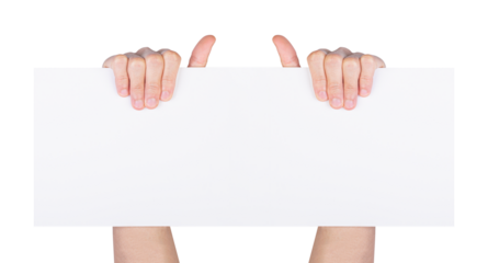 Hand holding white paper isolated on white backgrkound, clipping path