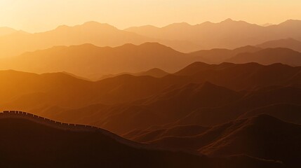 Obraz premium 56.The Great Wall stretches across rolling hills, bathed in the golden light of a setting sun. The ancient stone structure snakes through the rugged landscape, its silhouette glowing against the warm