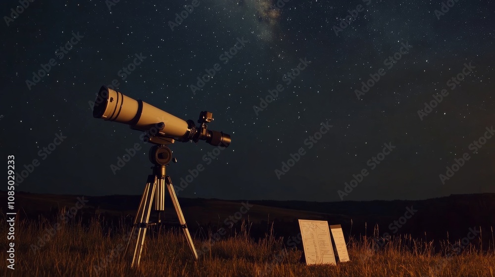 Poster a serene stargazing setup with a telescope and star charts neatly arranged on a clear night, an open