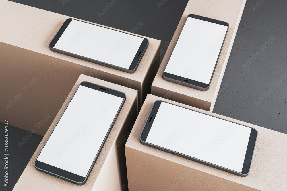 Poster Multiple smartphones with blank screens placed on beige blocks against a dark background. 3D Rendering