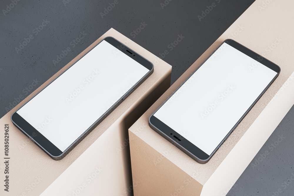 Poster two smartphones with blank screens placed on beige stands. 3d rendering