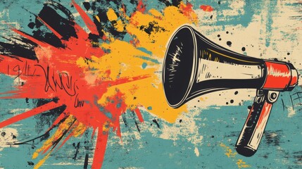 Grunge collage banner with megaphone and playful doodles announcing wild actions