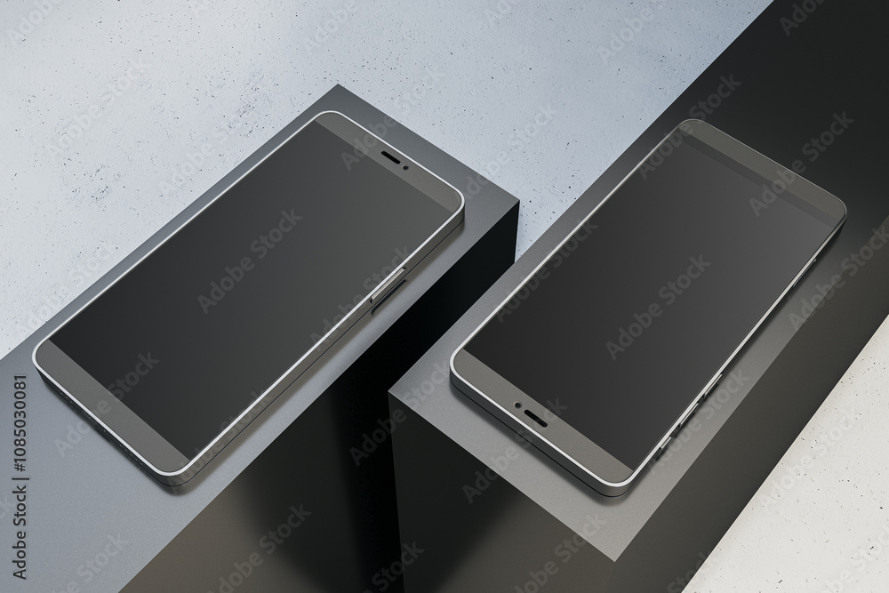 Poster Two modern smartphones with blank screens displayed on elevated metallic blocks. 3D Rendering