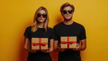 Obraz premium Happy couple in sunglasses holding gift boxes with red ribbons