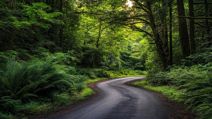 Obraz premium 27.A narrow, winding road cuts through the dense, towering redwood trees of the forest. The trees, standing like silent giants, create a tunnel of greenery, their branches stretching overhead. Light