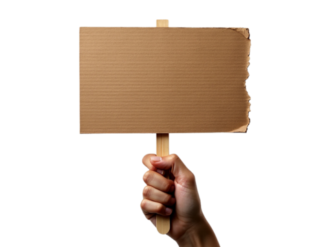 Hand holding wooden stick or blank protest sign on transparent background