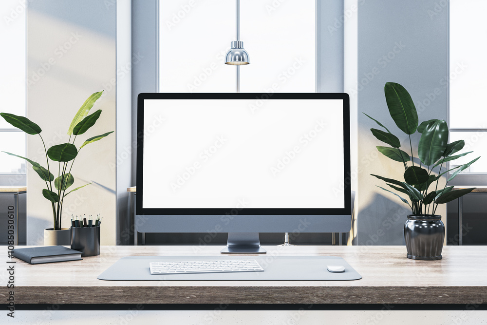 Poster Modern office desktop with large computer screen in focus surrounded by plants on clean wooden desk setup. 3D Rendering
