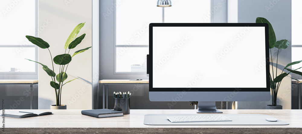 Poster Desktop computer with blank screen on an office desk, with plants and large windows in the background. 3D Rendering