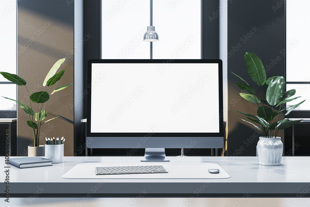 Poster Modern office desk with a computer screen mockup, keyboard, mouse, and plants in a clean workspace setting. 3D Rendering