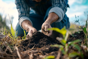 Fototapeta premium regenerative organic farmer, taking soil samples and looking at plant growth in a farm. practicing sustainable agriculture.