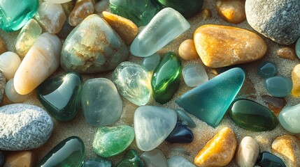 24.A close-up of polished sea glass and gemstones in various shades of green and blue, scattered across a sandy shore. The pieces glimmer in the sunlight, surrounded by textured pebbles in warm