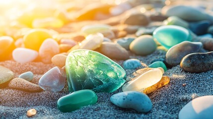 24.A close-up of polished sea glass and gemstones in various shades of green and blue, scattered across a sandy shore. The pieces glimmer in the sunlight, surrounded by textured pebbles in warm