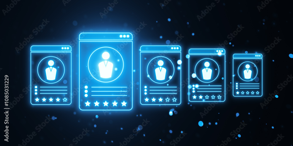 Poster Neon glowing user profile interfaces with rating stars on a dark background. 3D Rendering