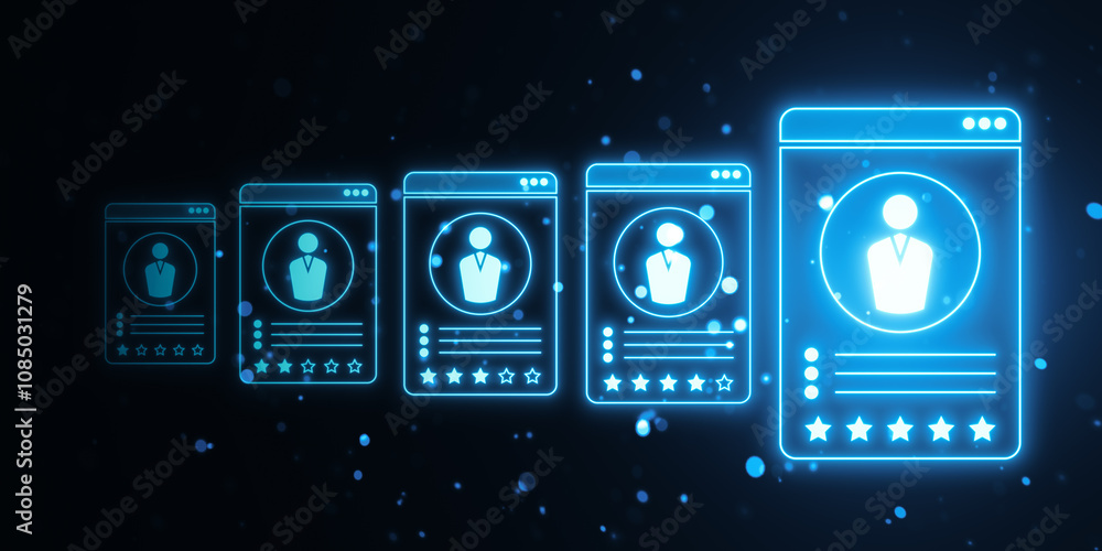 Poster Glowing digital user profiles in neon blue on dark background, representing HR technology and virtual social network. 3D Rendering