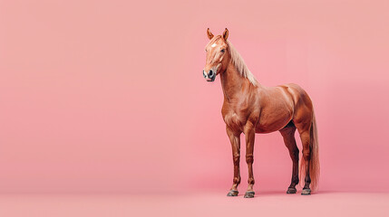 Obraz premium Beautiful Chestnut Horse Standing Gracefully Against a Soft Pink Background, Showcasing Its Majestic Build and Elegant Features in a Studio Setting