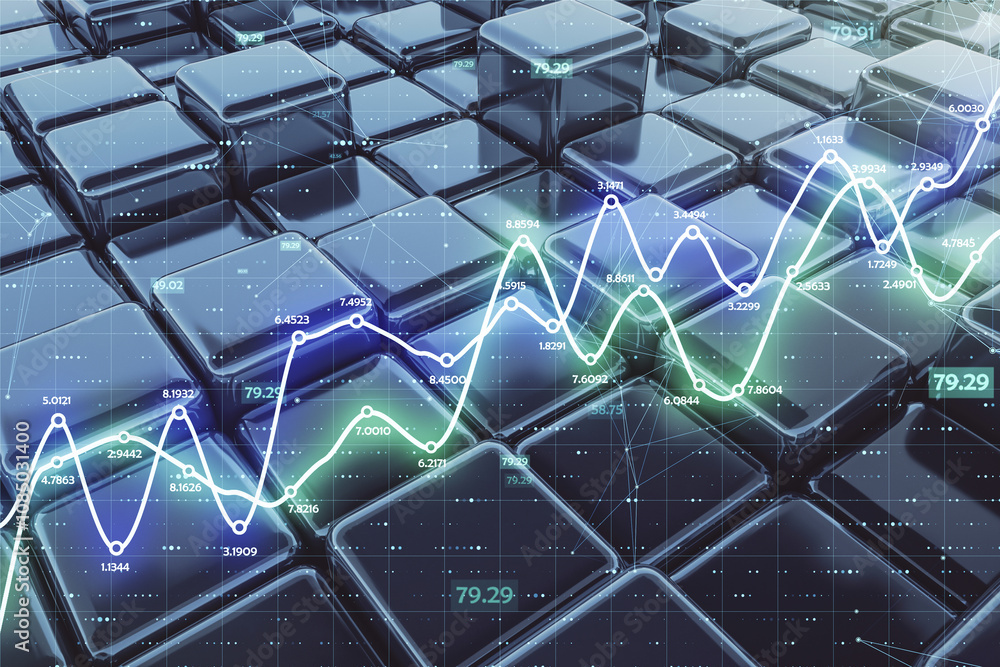 Poster Abstract financial graph with rising metrics, digital data on reflective square blocks background. Modern technology concept. 3D Rendering