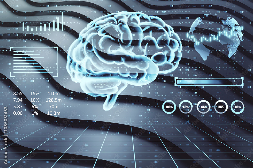 Aufkleber Futuristic brain illustration with data overlays and holographic interface in a digital space. Cyberspace concept with technological elements. 3D Rendering