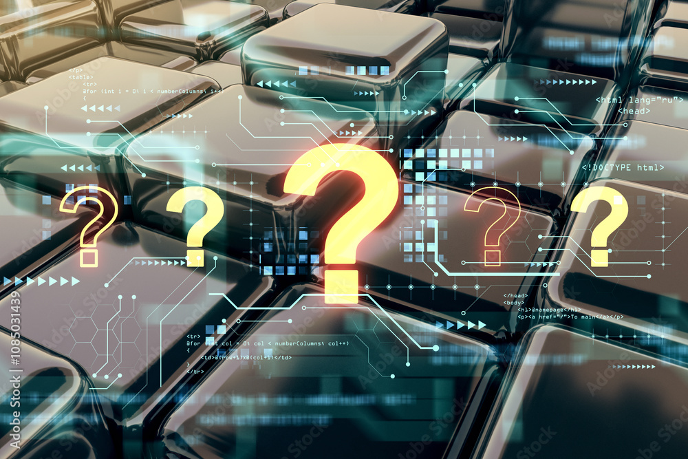 Poster Neon question marks with digital circuit lines on futuristic background, representing concept of technological inquiry and solutions. 3D Rendering