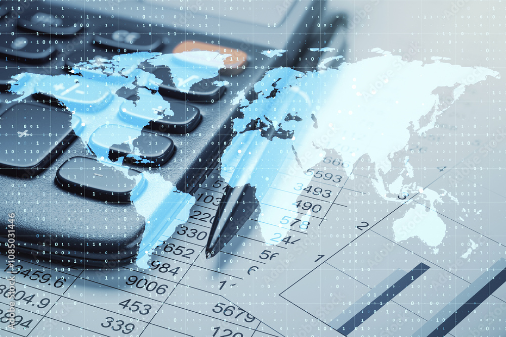 Poster calculator, pen, and world map overlay on financial data sheets, representing global business and di