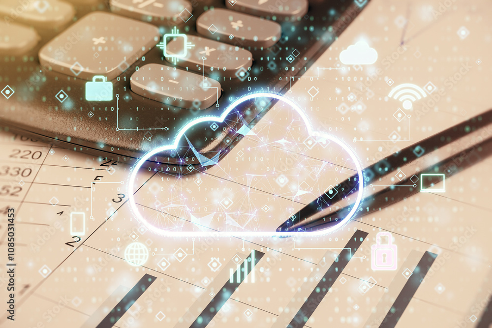 Poster cloud storage and data management concept with digital icons overlaid on accounting documents and ca