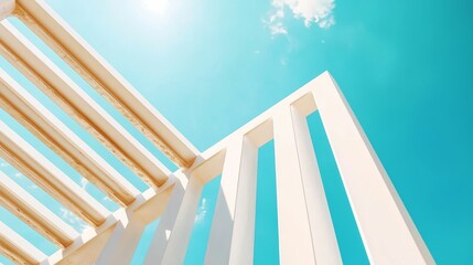 Fototapeta premium energy stock renewable infrastructure concept, A modern architectural structure with vertical pillars and slatted patterns, set against a bright blue sky and sunlit atmosphere.