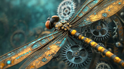 A dragonfly’s wings morphing into gears and cogs, symbolizing the balance between delicate nature and mechanical precision