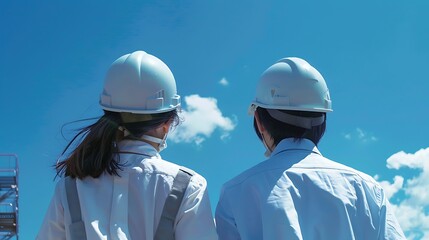 Two individuals wearing safety helmets observe a clear blue sky, likely at a construction or industrial site.